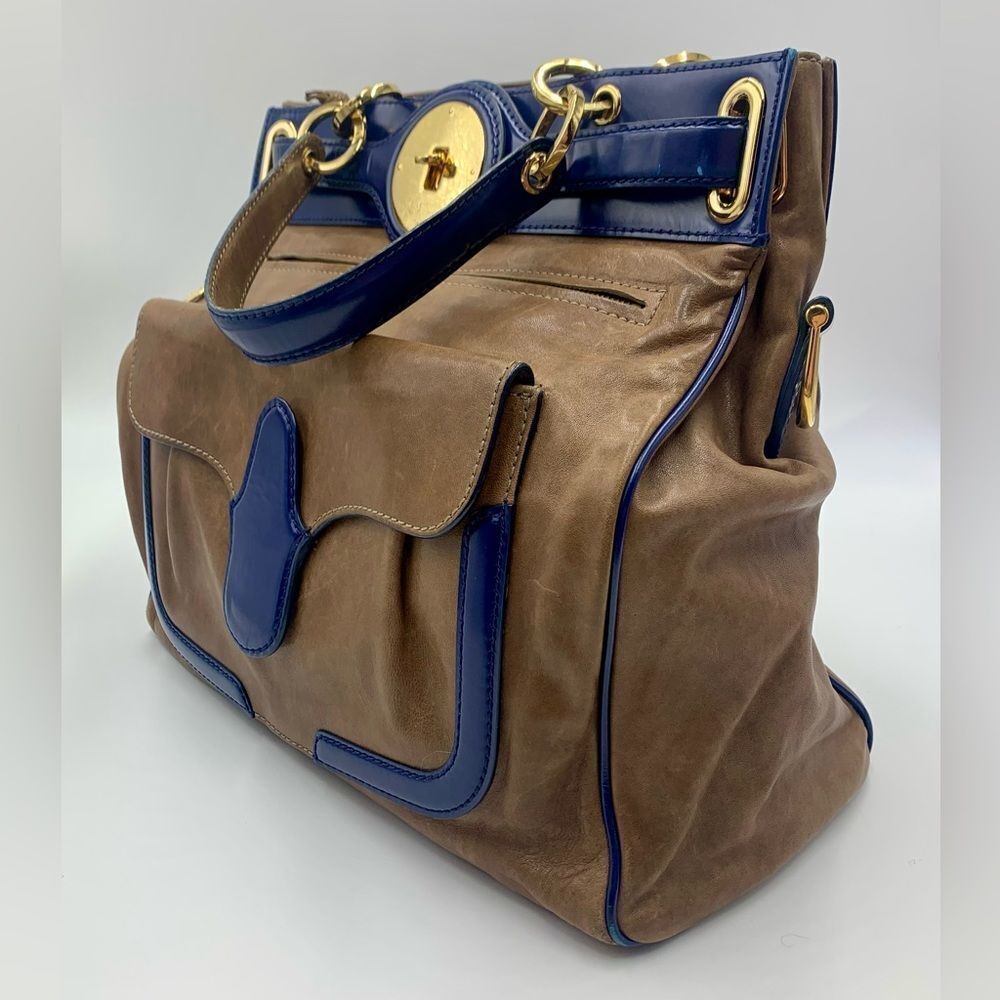 Auth Balenciaga Smooth Brown Leather Navy Patent Top Handle Moon Bag Preloved - Picture 8 of 14